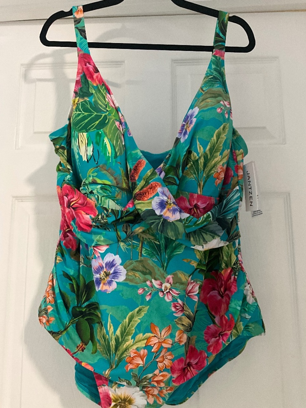 NWTJantzen Womens Tropical Floral One Piece Swimsuit Turquoise Multi